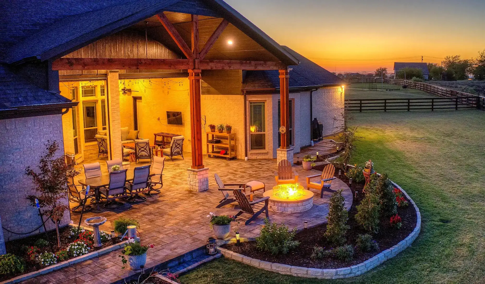 texas outdoor living room, covered patio and custom fire pit, allied outdoor solutions