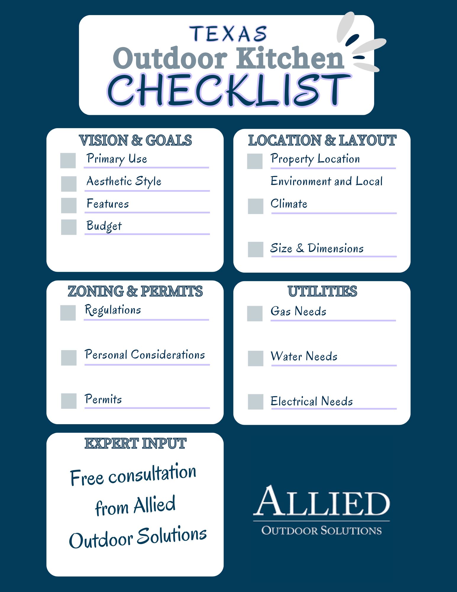 texas outdoor kitchen design project checklist, allied outdoor solutions