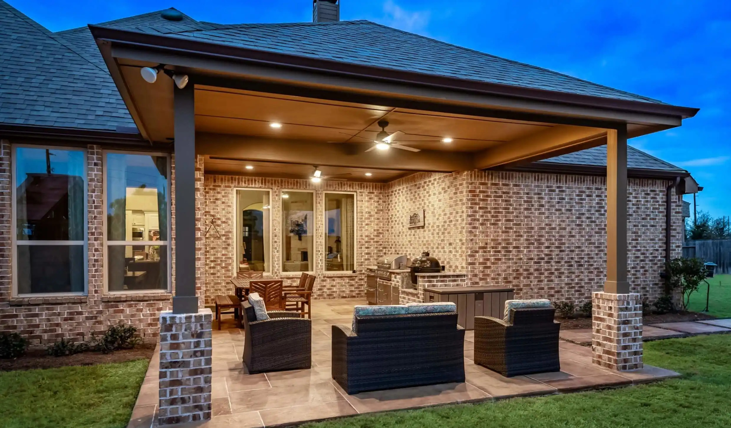 outdoor living design with patio cover idea attached to texas home