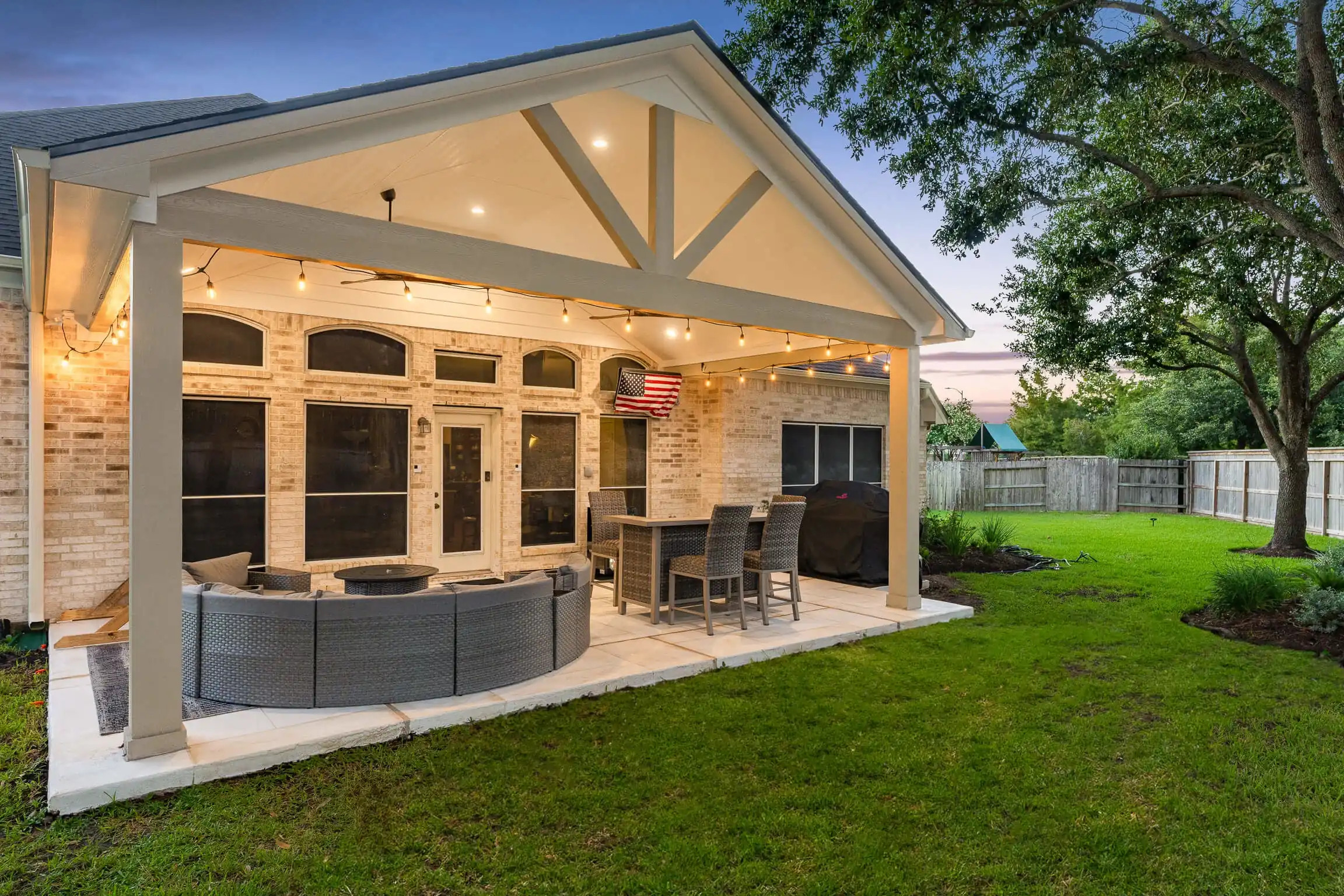 white gable style roof on texas outdoor patio space, allied outdoor solutions