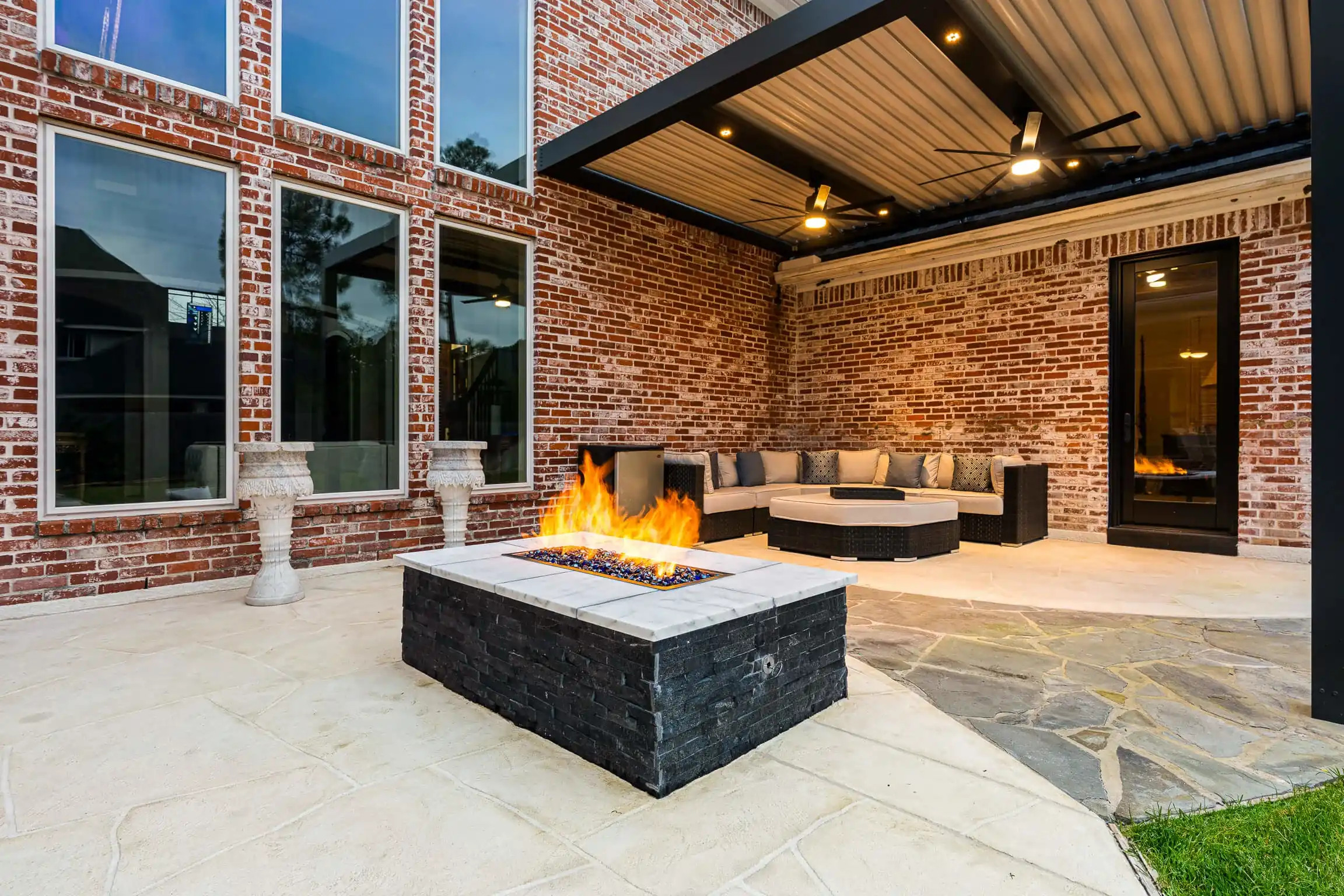 modern contemporary aluminum patio cover with custom fire pit, texas