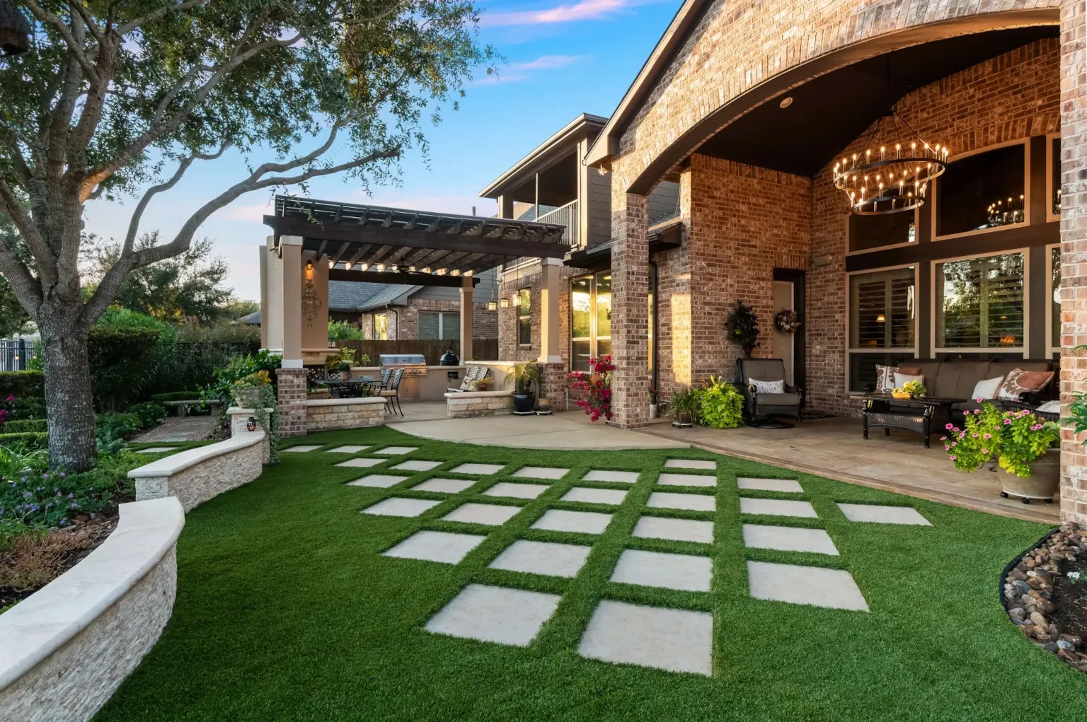 decorative concrete paver pathway in texas backyard