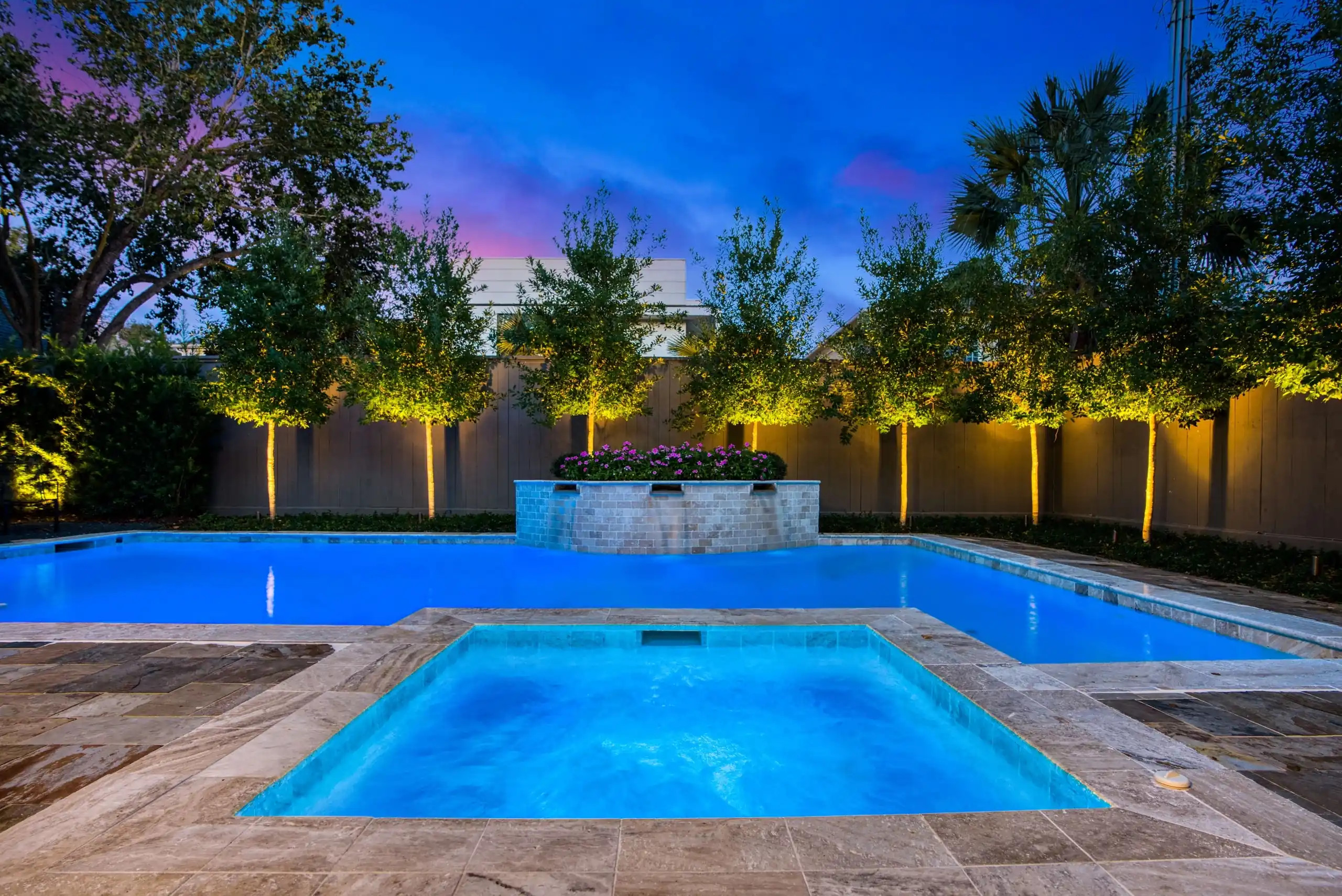 inground pool refinishing with water feature and travertine, allied outdoor solutions