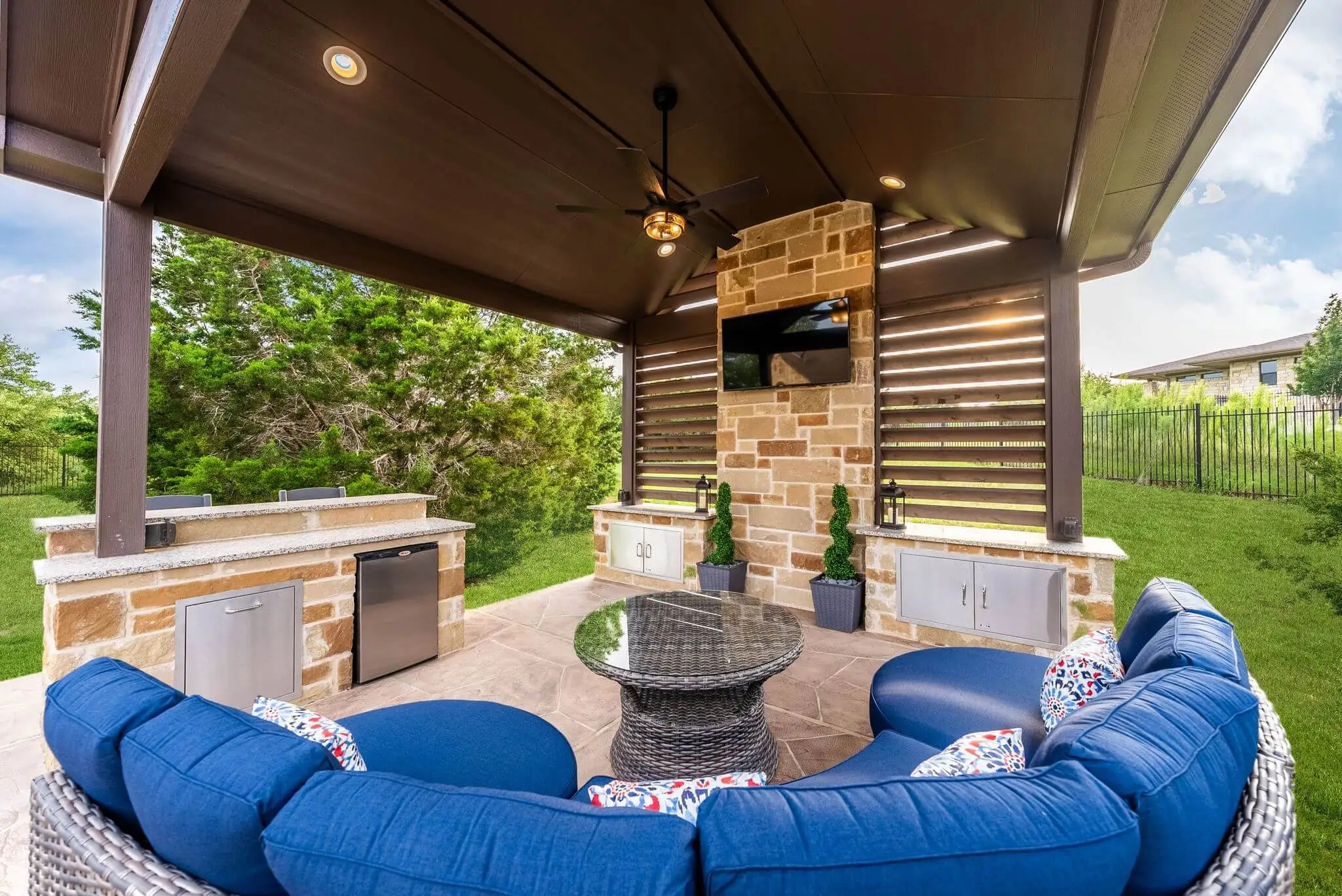 side yard idea, covered patio and privacy wall in texas outdoor space, allied outdoor solutions