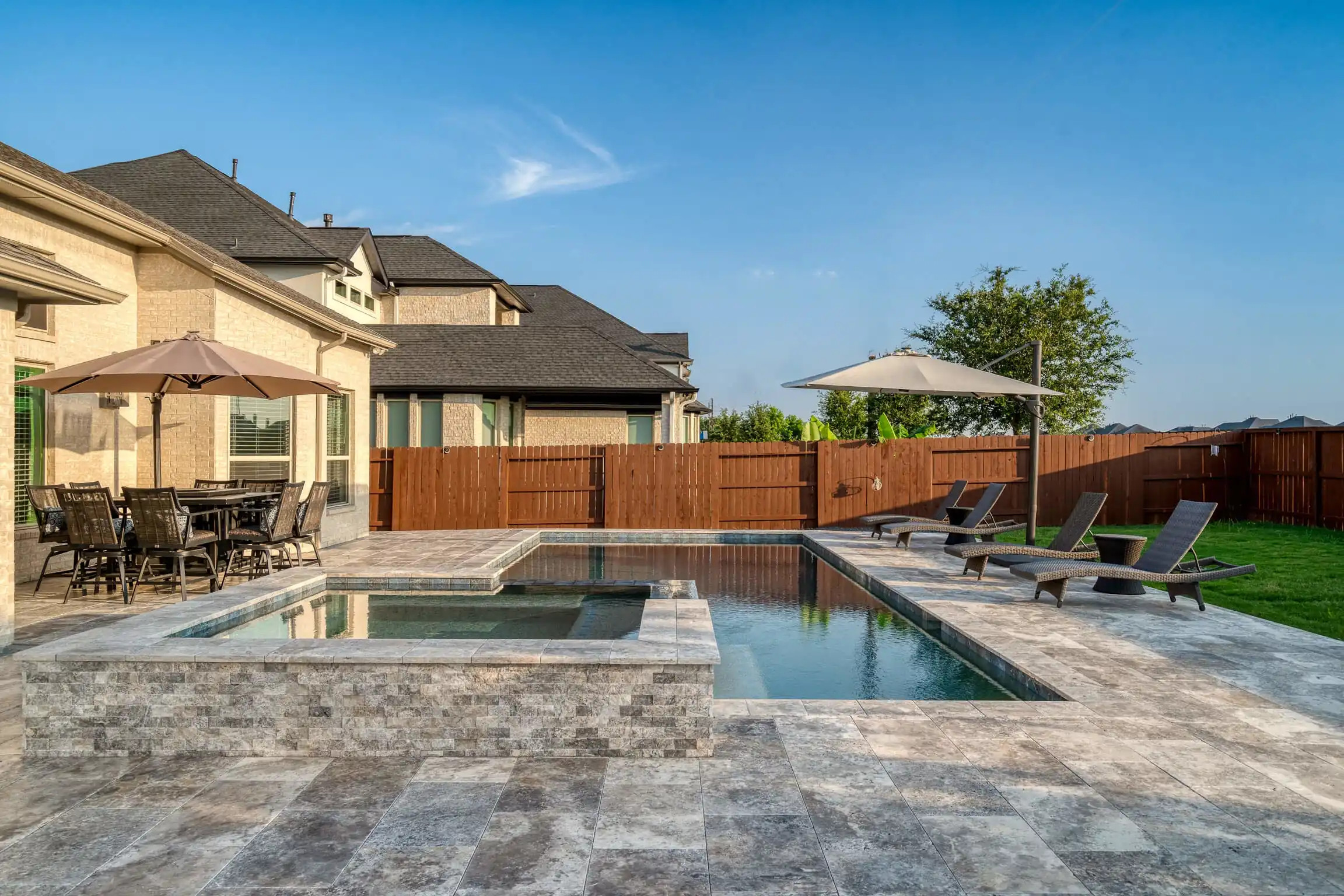 flagstone pavers pool patio idea in texas outdoor living space, allied outdoor solutions