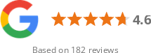 Google review rating of 4.6 out of 5 stars based on 182 reviews