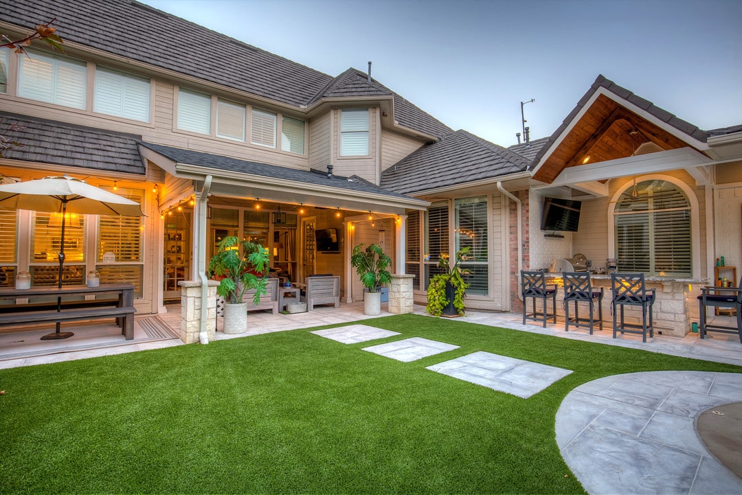 Artificial turf lawn with patio and covered outdoor space